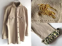 希少 BURBERRY BLACK LABEL バーバリーブラックレーベル ホースロゴ刺繍 花柄迷彩裏地 鹿の子 ミリタリーシャツ 2 ベージュ