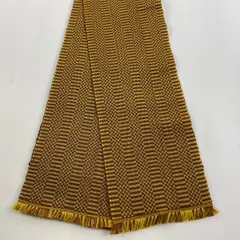 【在庫一掃】 半幅帯 美品 名品 縞 幾何学模様 山吹茶色 正絹 【中古】