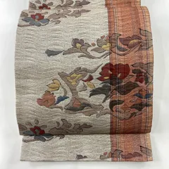 【在庫一掃】 【美品】 袋帯 秀品 草花 縞 箔 茜色 六通 正絹 【中古】