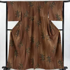 【在庫一掃】 【美品】 小紋 身丈159cm 裄丈65.5cm M 袷 笹 縦縞模様 茶色 正絹 秀品 【中古】