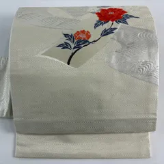 【在庫一掃】 名古屋帯 優品 枝花 亀甲 銀糸 唐織 銀色 正絹 【中古】