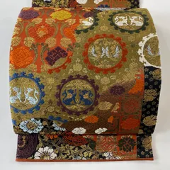 【在庫一掃】 【美品】 袋帯 秀品 新能裳錦 花唐草 向かい鳥 金糸 箔 赤茶 六通 正絹 【中古】