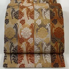 【在庫一掃】 【美品】 袋帯 秀品 縞 草花 金糸 薄茶色 全通 正絹 【中古】