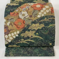 【在庫一掃】 【美品】 袋帯 秀品 草花 蝶 金糸 箔 深緑 六通 正絹 【中古】