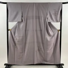 【在庫一掃】 付下げ 身丈156.5cm 裄丈66cm M 袷 家屋 草花 金糸 刺繍 灰紫 正絹 秀品 【中古】