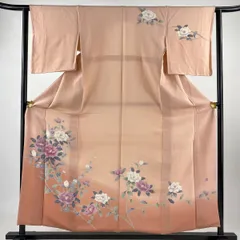 【在庫一掃】 訪問着 身丈158cm 裄丈61.5cm S 袷 落款 枝花 染め分け ぼかし サーモンピンク 正絹 秀品 【中古】