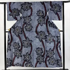 【在庫一掃】 浴衣 身丈150cm 裄丈62.5cm S 絞り浴衣 草花 紺色 綿 名品 【中古】
