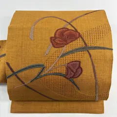 【在庫一掃】 【美品】 名古屋帯 秀品 紬地 草花 刺繍 山吹茶色 正絹 【中古】