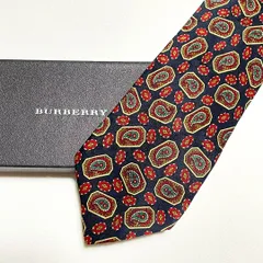 未使用級 バーバリー BURBERRY ネクタイ シルク100% ダークネイビー ～ ブラック系 / レッド 総柄 ペーズリー柄 261-890