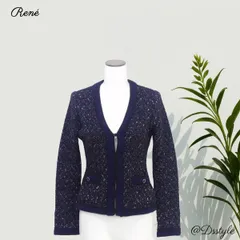 【参考価格：	89,250円】極美品★Rene  6332990 / ルネ 34 ネイビー ★カーディガン ラメ Vネック カシミヤ ★