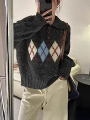 2088 ウール アーガイル カラーニット (カーディガン ダウン ムートン ベスト ノルディック スウェット 起毛)
