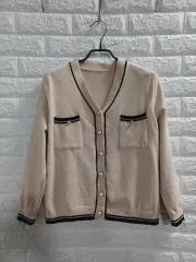 ベージュ パール バイカラー ニットカーディガン