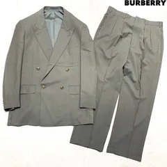 BURBERRY セットアップ スーツ ダブルブレスト テーラードジャケット ブレザー トラウザー ワイドスラックス 玉虫色 メタルボタン ロゴ刻印 背抜き サイドベンツ 2タック 裾ダブル 三陽商会 AB7サイズ グレー バーバリー