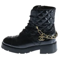CHANEL (シャネル) マトラッセ レースアップ ゴールド チェーン パテント トゥ ブーツ レディース ブラック G39393