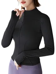 [ブブ オーハナ] フルジップ アウター 長袖 タイトフィット 速乾 通気性 伸縮性あり スポーツ ウェア サムホール付き レディース (JP, アルファベット, L, 黒) [ブラック] [L]