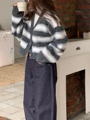 クロップドカーディガン ウールカーディガン クロップドカーディガン 華奢フィット バイカラー ボーダー柄カーディガン 厚手ウール