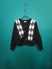 レディース アーガイルパータン ニット 斜めボーダーカーディガン