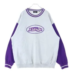 X-LARGE (エクストララージ) フロントロゴデザイン ニット切り替え クルーネック カットソー スウェット トレーナー グレー/パープル 101223012011