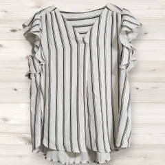 B1397 イング INGNI ブラウス ノースリーブ (M) 白 ストライプ 総柄 Vネック