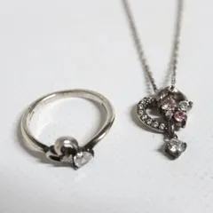 4℃ ヨンドシー 2011 クリスマス限定 シルバー ネックレス＆リング セット ハート ピンクストーン クリアストーン 約9号 アクセサリー