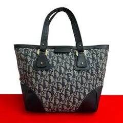 極 美品 Christian Dior ディオール トロッター 柄 CD ロゴ 金具 キャンバス レザー 本革 ハンドバッグ ミニ トートバッグ ネイビー 38971