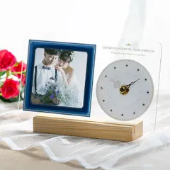 フォトフレーム 時計 結婚祝い プレゼント ネイビー アナログ おしゃれ （ 写真立て フォトスタンド 写真フレーム 写真たて ウェディング ラインストーン 卓上 ましかく 写真 薄型 メッセージ 軽量 アクリル リビング ）