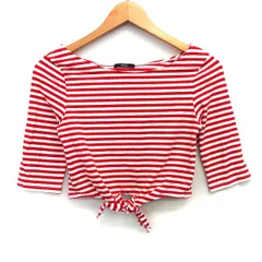 エモダ EMODA カットソー Tシャツ クロップド丈 ボーダー 柄 裾リボン 五分袖 丸首 コットン 綿 M レッド 赤 ホワイト 白 /HT23