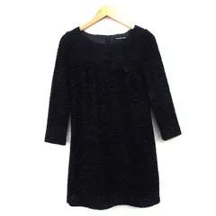 ストロベリーフィールズ STRAWBERRY-FIELDS ワンピース パーティードレス Aライン ミニ ラメ混 切替レース バラ柄 リボン 長袖 丸首 ブラック 黒 /HT12