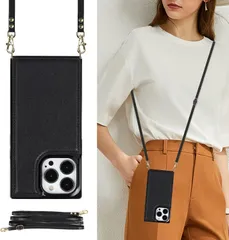 Cavor iPhone15 スマホ ケース 手帳型 ケース iphone15 斜めがけ ショルダー ケース iphone15 スリ防止対策 Qi急速充電対応 ICカードホルダー - ブラック