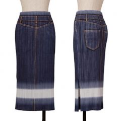 PLEATS PLEASEイッセイミヤケデニムプリント フリンジ ロングスカート