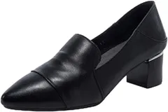 blue beryl パンプス レディース 牛革 チャンキーヒール ローファー風 4cmヒール 安定感 ゴム底 歩きやすい (ブラック,  25.0 cm 3E)