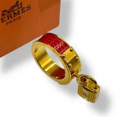 エルメス Hermes スカーフリング ゴールド レッド レザー 箱付き
