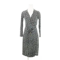 ダイアンフォンファステンバーグ DIANE von FURSTENBERG ワンピース カシュクール ひざ丈 長袖 シルク 絹 ストレッチ 総柄 小さいサイズ 0 XS 青緑 ブルー 黒 ブラック /AH12 ■GY19