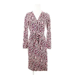 ダイアンフォンファステンバーグ DIANE von FURSTENBERG ワンピース カシュクール ひざ丈 長袖 シルク 絹 ストレッチ 総柄 2 M ピンク 黒 ブラック /AH11 ■GY19