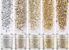 グリッター 容器入り キラキラ ネイルパーツ ネイルアート ネイルタウン ラメグリッター ラメパウダー ヘア飾り 顔 ボディ クリスマス 新年 パーティー 5個セット (ゴールド セット1mm＆パウダーミクスサイズ) (ゴールドシリーズ)