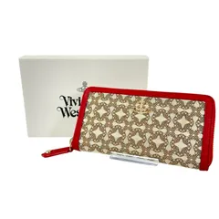 【希少・美品】Vivienne Westwood ヴィヴィアン ウエストウッド キャンバス オーブ ロゴ ジャガード 総柄 ラウンドファスナー ジップ ロングウォレット 長財布 ベージュ レッド ゴールド金具 メンズ レディース ユニセックス 男女兼用 箱付き