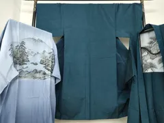 平和屋着物●男性　紬　アンサンブル　長襦袢(袷)セット　鉄納戸色　三越扱い　正絹　逸品　AABF9672ck