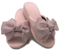 おしゃれ 静音 4cm 軽量 美脚 室内 STYLE レディース サテン ヒールスリッパ リボン