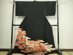 平和屋着物■豪華黒留袖　駒刺繍　御所車花鳥文　金彩　正絹　逸品　DABC0322sf