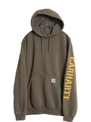 【お得なクーポン配布中!】 US企画 カーハート スウェット フード パーカー メンズ S / 袖 ロゴ プリント トレーナー 裏起毛 プルオーバー ミドルウェイト カーキ モス