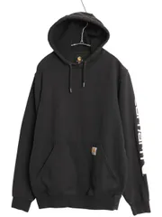【お得なクーポン配布中!】 カーハート スウェット フード パーカー メンズ S / 袖 ロゴ プリント トレーナー 裏起毛 プルオーバー ミドルウェイト ゆったり ブラック