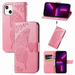 に適用するiPhone 13 mini 5.4インチ ケース 手帳型 ノートブック型携帯電話保護カバー多機能携帯電話ホルスター財布携帯電話ホルダーバンプパターンテクスチャ耐久性摩擦耐性携帯電話ケース男性と女性に適した多色オプション (バタフライピンク)