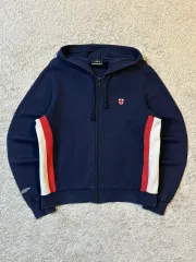 レディース M レア) アンブロ イングランド オールドスクール バックロゴ バイカラー フードジップアップ ネイビー