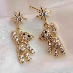 ピアス レディース クマ くま ベア 星 スター 揺れる スタッドピアス パヴェ キュービックジルコニア 18kコーティング ゴールド 動物 アニマル モチーフ キラキラ 大人可愛い 個性的 韓国 ファッション プレゼント ギフト 送料無料