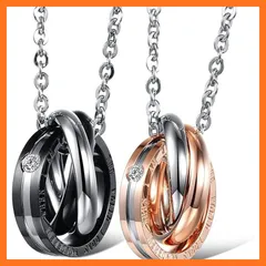 【新品】 [Rockyu] リングネックレス メンズ レディース ブラック ピンクゴールド 3連リングネックレス カップル ペア リングペンダント 刻印 おしゃれ チタン 金属アレルギー対応 おしゃれ アクセサリー セット販売 0
