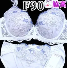 ★237[F90&3L]Elegante脇高ブラジャーショーツセット　ベイビーブルー&スカイブルー　パールホワイト刺繡レース　大きなカップサイズ 　新品未使用のサムネイル