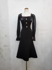 春新商品 ブラック スクエアネック ロングワンピースS