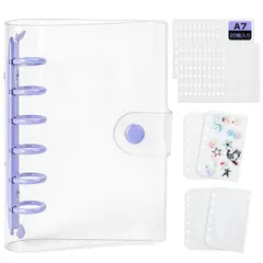 J.K.T シール帳 透明バインダー はがせる A8/A7/A6/A5 【リフィル×20枚 台紙×2枚 チャック付きポケット×2枚】 女の子 子供用 かわいい 推し活 シールセット 収納ファイル 6穴 3穴 バインダー型ノート はさみ付き 4色 (パープル, 