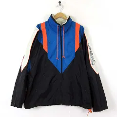 リーボック Reebok 希少 90’S ヴィンテージ ナイロン ジャケット ブルゾン 古着 ジップアップ ロゴ 刺繍 オーバーサイズ XL 青 ブルー 黒 ブラック オレンジ レア