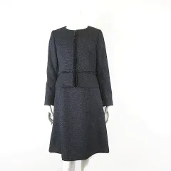 Krone クローネ セレモニー ワンピース スーツ ラメ ジャガード ボーダー フリンジ 長袖 ジャケット 半袖 ワンピース XL 13 グレー ネイビー シルバー 大きいサイズ 美品